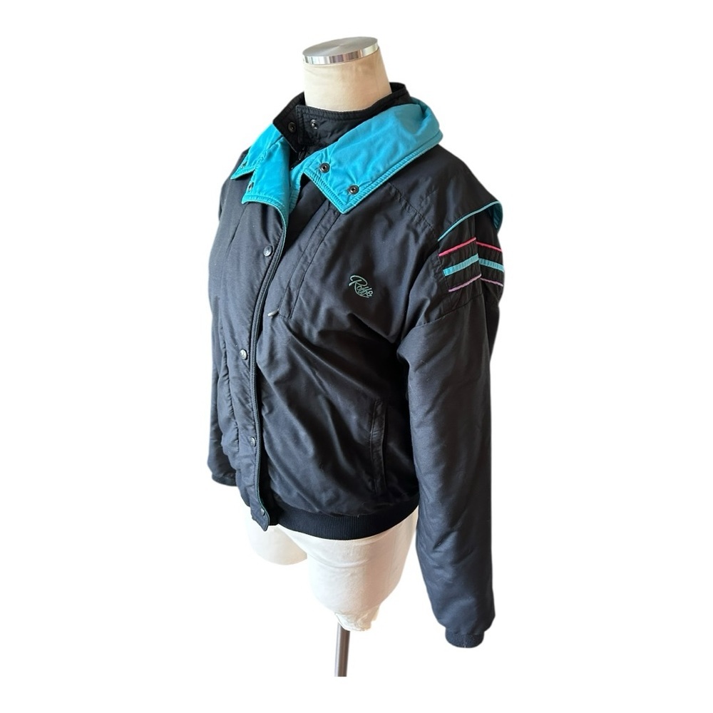VTG Roffe Ski Snow Jacket Black teal 80s 90s Made In USA Womens M/L Bomber